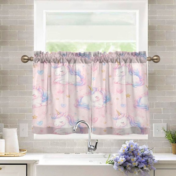 27"x24" Tier Curtains 2 Panels Magical Unicorn Pink Dreams Semi Sheer Kitchen Short Window Curtains for Cafe Holiday Decor Living Room Bedroom Balcony Utility Room