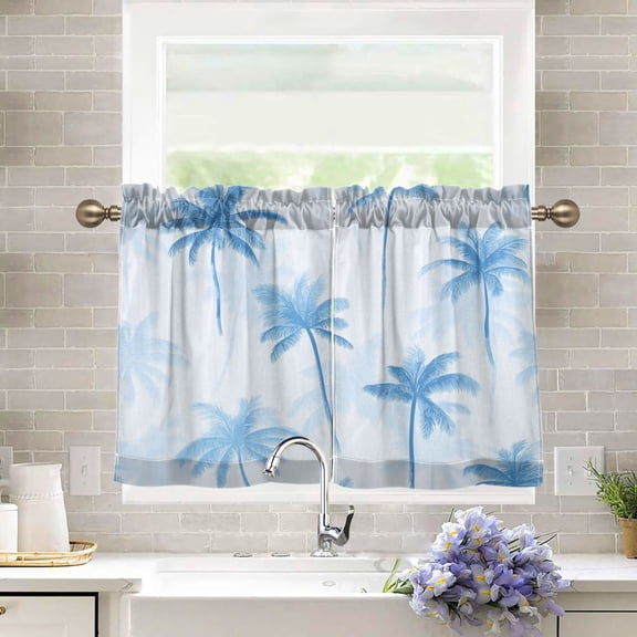 27"x24" Tier Curtains 2 Panels Pale Blue Oasis Semi Sheer Kitchen Short Window Curtains for Cafe Holiday Decor Living Room Bedroom Balcony Utility Room