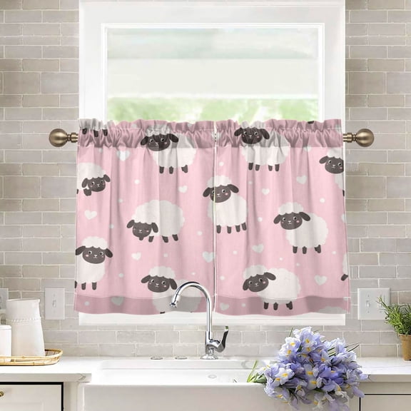 27"x24" Tier Curtains 2 Panels Pink Fluffy Sheep Pattern Semi Sheer Kitchen Short Window Curtains for Cafe Holiday Decor Living Room Bedroom Balcony Utility Room