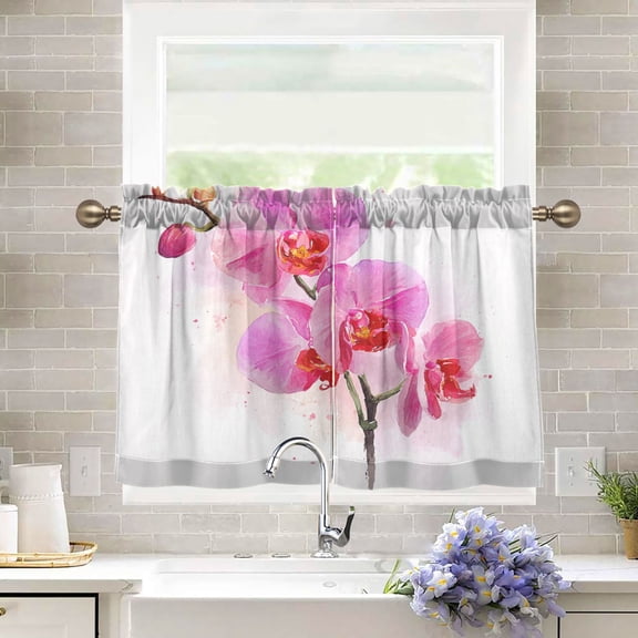 27"x24" Tier Curtains 2 Panels Pink Orchid Bloom Semi Sheer Kitchen Short Window Curtains for Cafe Holiday Decor Living Room Bedroom Balcony Utility Room