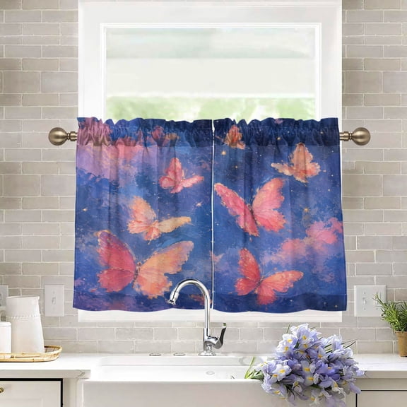 27"x24" Tier Curtains 2 Panels Pink Twilight Winged Butterflies Semi Sheer Kitchen Short Window Curtains for Cafe Holiday Decor Living Room Bedroom Balcony Utility Room
