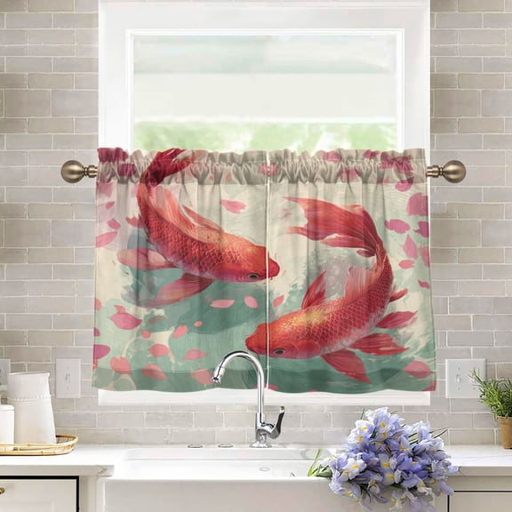 27"x24" Tier Curtains 2 Panels Red Koi Harmony Semi Sheer Kitchen Short Window Curtains for Cafe Holiday Decor Living Room Bedroom Balcony Utility Room