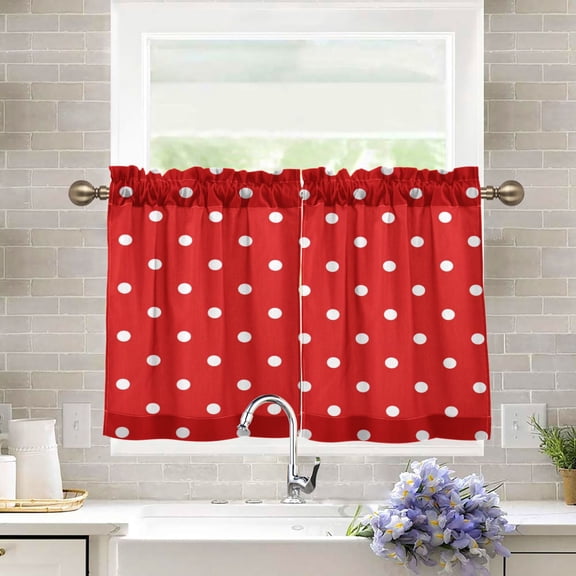 27"x24" Tier Curtains 2 Panels Red White Mini Polka Dot Semi Sheer Kitchen Short Window Curtains for Cafe Holiday Decor Living Room Bedroom Balcony Utility Room