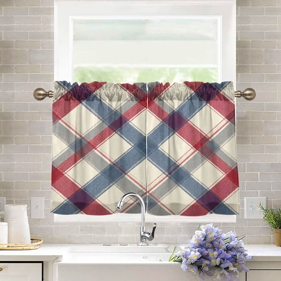 27"x24" Tier Curtains 2 Panels Red-blue Diagonal Lines Semi Sheer Kitchen Short Window Curtains for Cafe Holiday Decor Living Room Bedroom Balcony Utility Room
