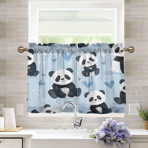 27"x24" Tier Curtains 2 Panels Soft Blue Panda Print Semi Sheer Kitchen Short Window Curtains for Cafe Holiday Decor Living Room Bedroom Balcony Utility Room