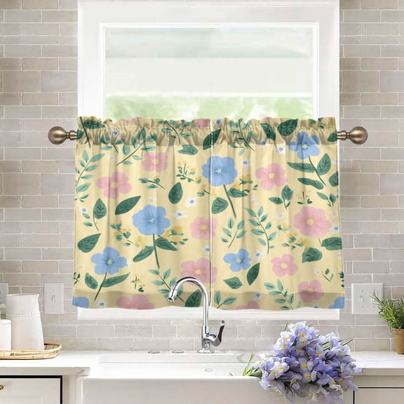 27"x24" Tier Curtains 2 Panels Sweet Buttercup Floral Bloom Semi Sheer Kitchen Short Window Curtains for Cafe Holiday Decor Living Room Bedroom Balcony Utility Room