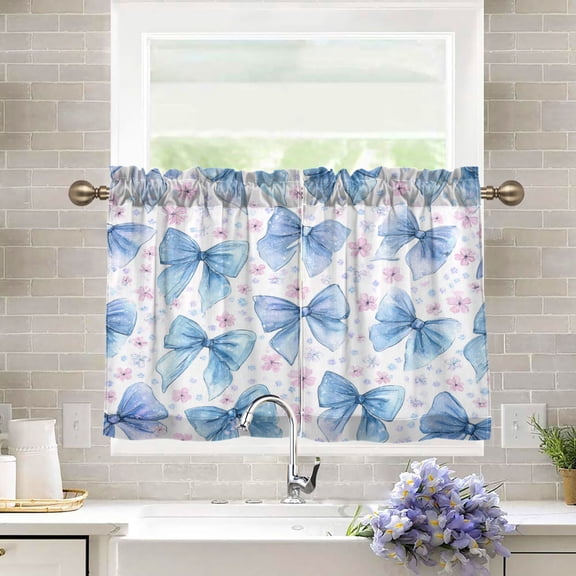 27"x36" Tier Curtains 2 Panels Cute Light Blue Bows Pattern Semi Sheer Kitchen Short Window Curtains for Cafe Holiday Decor Living Room Bedroom Balcony Utility Room