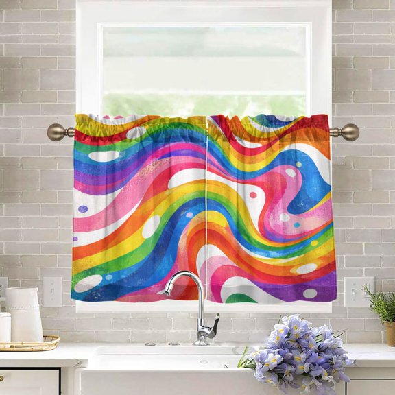 27"x36" Tier Curtains 2 Panels Groovy Rainbow Swirl Pattern Semi Sheer Kitchen Short Window Curtains for Cafe Holiday Decor Living Room Bedroom Balcony Utility Room