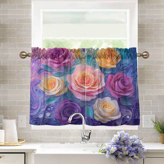 27"x36" Tier Curtains 2 Panels Rainbow Hues Roses Semi Sheer Kitchen Short Window Curtains for Cafe Holiday Decor Living Room Bedroom Balcony Utility Room