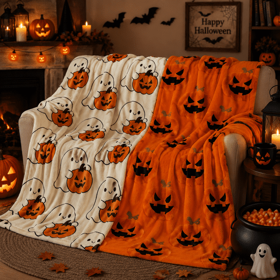 27''x39'' Halloween Faux Fur Throw Blanket with Cute Spooky Embroidery, Cozy Soft Warm Fall Throw for Couch Bedroom Living Room, Ideal Seasonal Gift Home Decorative Accent