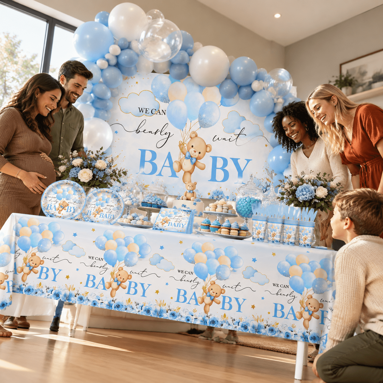 270 Blue Bear Shower Decorations: We Can Bearly Wait Banner Disposable ...