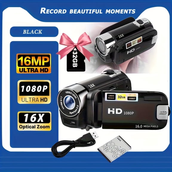 270° Flip Screen Camcorder with LED Light, 1080P HD, 16x Zoom, Wide Angle, 32GB Card, 2.4" Display, Portable Video Camera for Home & Outdoor Recording
