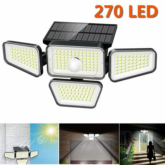 270 LED 4 Head Solar Security Lamp , 3000LM Montion Sensor Outdoor Wall Flood Light with Remote Control, IP65 Waterproof, 270° Wide Angle Illumination Wall Light with 3 Modes