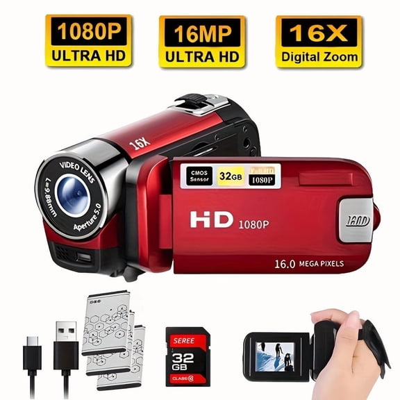 270° LED Flip Screen Camera 16x Zoom 1080P HD Wide Angle Camcorder for Outdoor Shooting