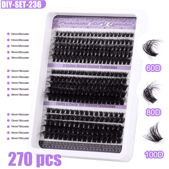 270 PCS DIY Cluster Eyelashes Kit, 30D/40D/50D Mixed Styles, 10-18mm Lengths, Natural Curl Individual Lash Extensions, Reusable Soft Fiber False Eyelashes for Daily & Wedding Makeup