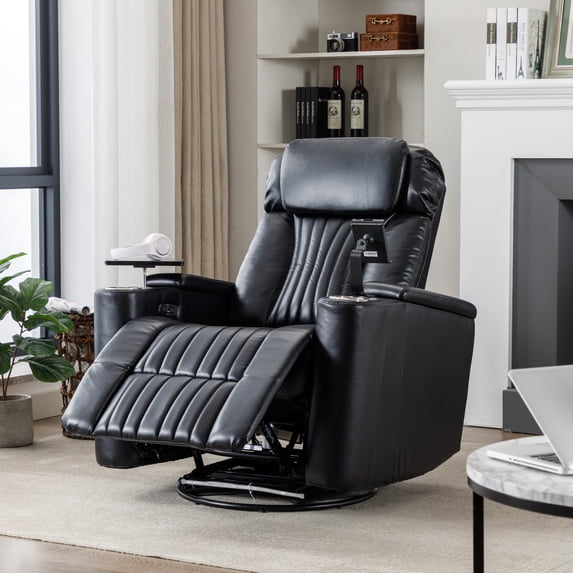 270° Power Swivel Recliner, Home Theater Seating with Hidden Arm Storage, LED Light Strip, Cup Holder, 360° Swivel Tray Table & Cell Phone Holder, Soft Living Room Chair (Black)