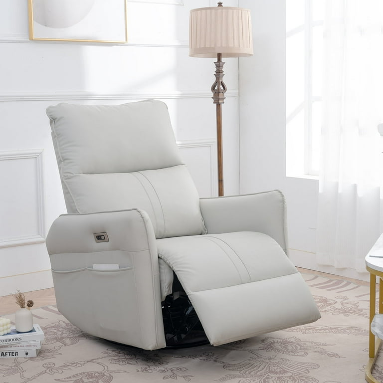270 Power Swivel Rocker Recliner Chair with USB Ports Electric Glider Sofa Padded PU Surface Rocking Chair Nursery Recliners for Living Room Bedroom Light Gray Walmart