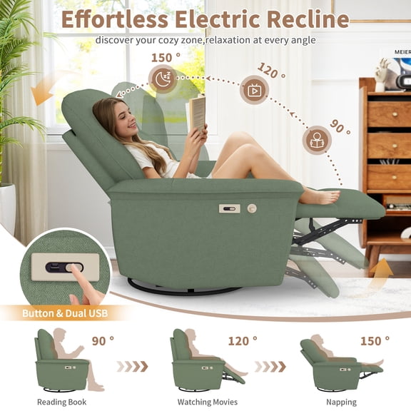 270 Power Swivel Rocker Recliner Chair w/ Phone Holder, Electric Glider Reclining Sofa with USB Ports, Power Swivel Glider, Rocking Chair Nursery Recliners for Living Room Bedroom(Dark Green)