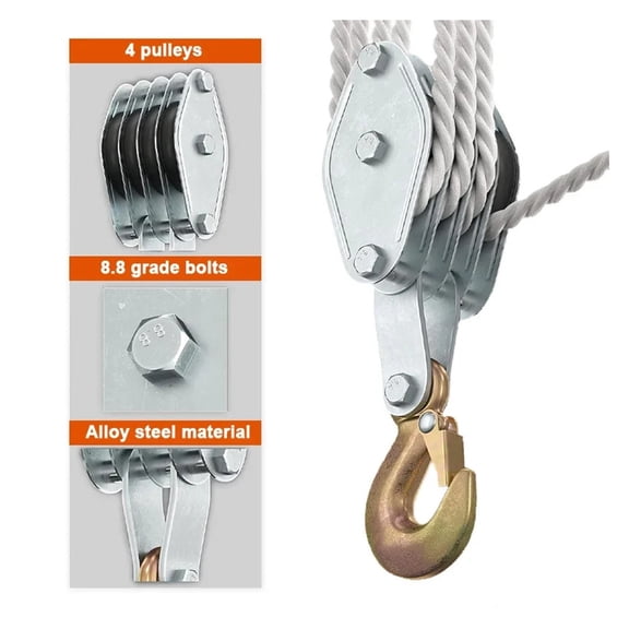 270° Rotatable Rope Pulley Block, Zinc Alloy Hook Handheld Crane Heavy Duty Polyethylene Rope Pulley Hoist Manual Lifting Device ,Easy to Use