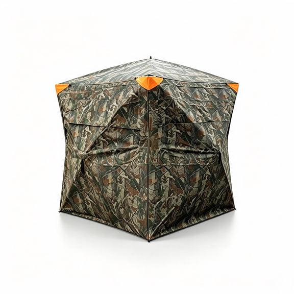 270° See Through Ground Hunting Blind, 3-4 Person Pop Up Portable Camo Hunting Blind for Deer and Turkey with Split-Panel Structure, One Way Mesh, Floor Mat and Chair