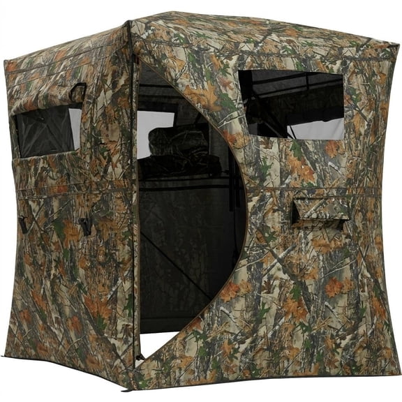270 See-Through Pop Up Game Hunting Blind, lightweight portable camouflage ground shelter for 2-3 users, quick setup with carry bag perfect for deer and turkey game firing