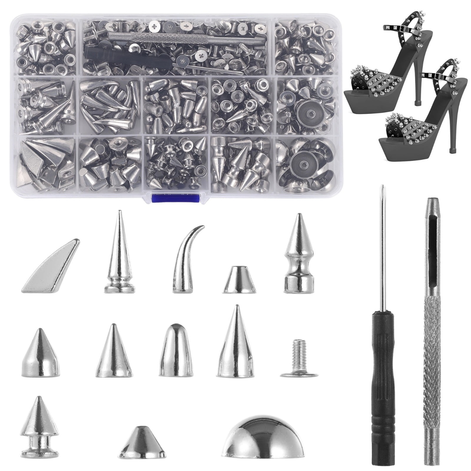 270 Sets Mixed Shape Rivets, 12 Styles Silver Color Spikes and Studs, Zinc Alloy Cone Spikes, Punk Rock Clothing Accessories, Metal Rivets for Clothes Shoes Belts Bags, DIY Leathercraft Decoration