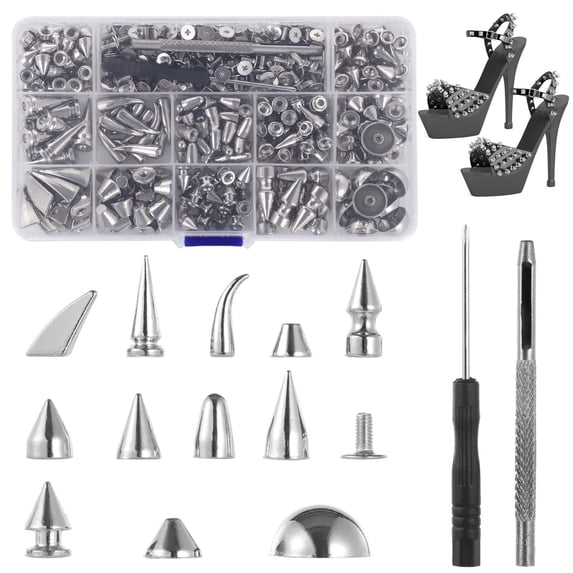 270 Sets Mixed Shape Rivets, 12 Styles Silver Color Spikes and Studs, Zinc Alloy Cone Spikes, Punk Rock Clothing Accessories, Metal Rivets for Clothes Shoes Belts Bags, DIY Leathercraft Decoration