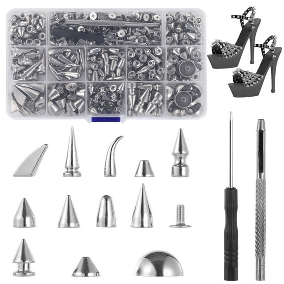 270 Sets Mixed Shape Rivets, 12 Styles Silver Color Spikes and Studs, Zinc Alloy Cone Spikes, Punk Rock Clothing Accessories, Metal Rivets for Clothes Shoes Belts Bags, DIY Leathercraft Decoration