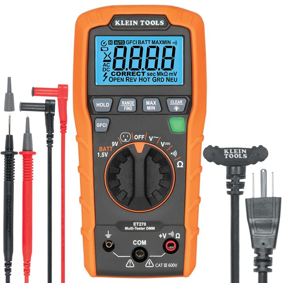 270 auto-ranging digital multimeter, resistance, continuity, socket tester, with test leads and socket adapter