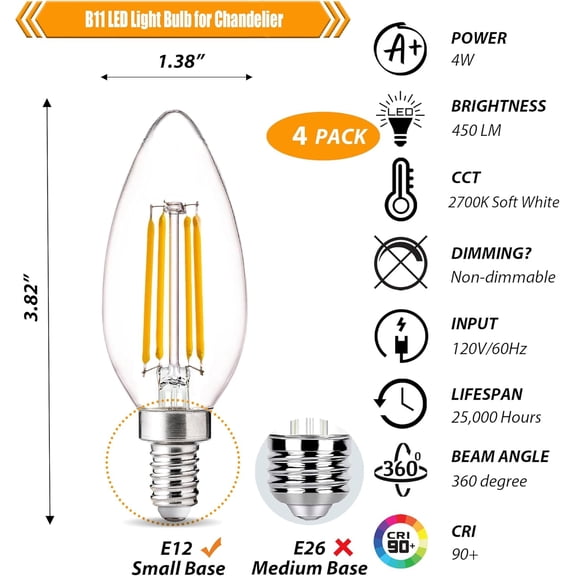 2700K Soft White LED Candelabra Bulbs 40W Equivalent, E12 Base 4W B11 LED Light Bulbs for Chandelier, 90 CRI, 450LM, Non-Dimmable, 4 Pack