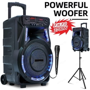 2700W 15" Portable Party Bluetooth Speaker with Tripod Stand Woofer Heavy Bass Horn Tweeter PA Party Sound System LED Mic AUX USB FM SD Trolley Wireless Speaker