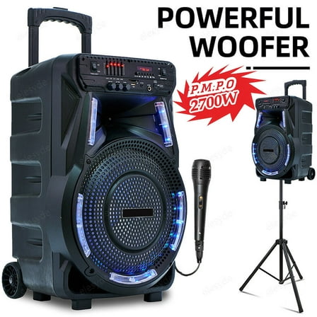 2700W 15" Portable Party Bluetooth Speaker with Tripod Stand Woofer Heavy Bass Horn Tweeter PA Party Sound System LED Mic AUX USB FM SD Trolley Wireless Speaker