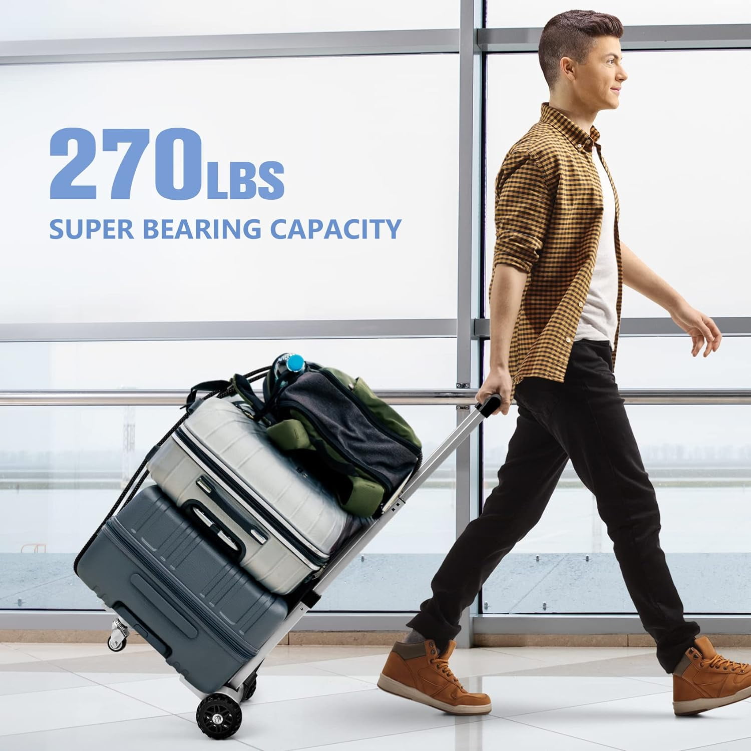 270LBS Utility Luggage Cart with 4 Wheels, 100% Aluminum Hand Truck Dolly, Folding Hand Truck with Advanced Tank Wheels, Portable Dolly Cart for Luggage, Travel, Shopping, Office Use