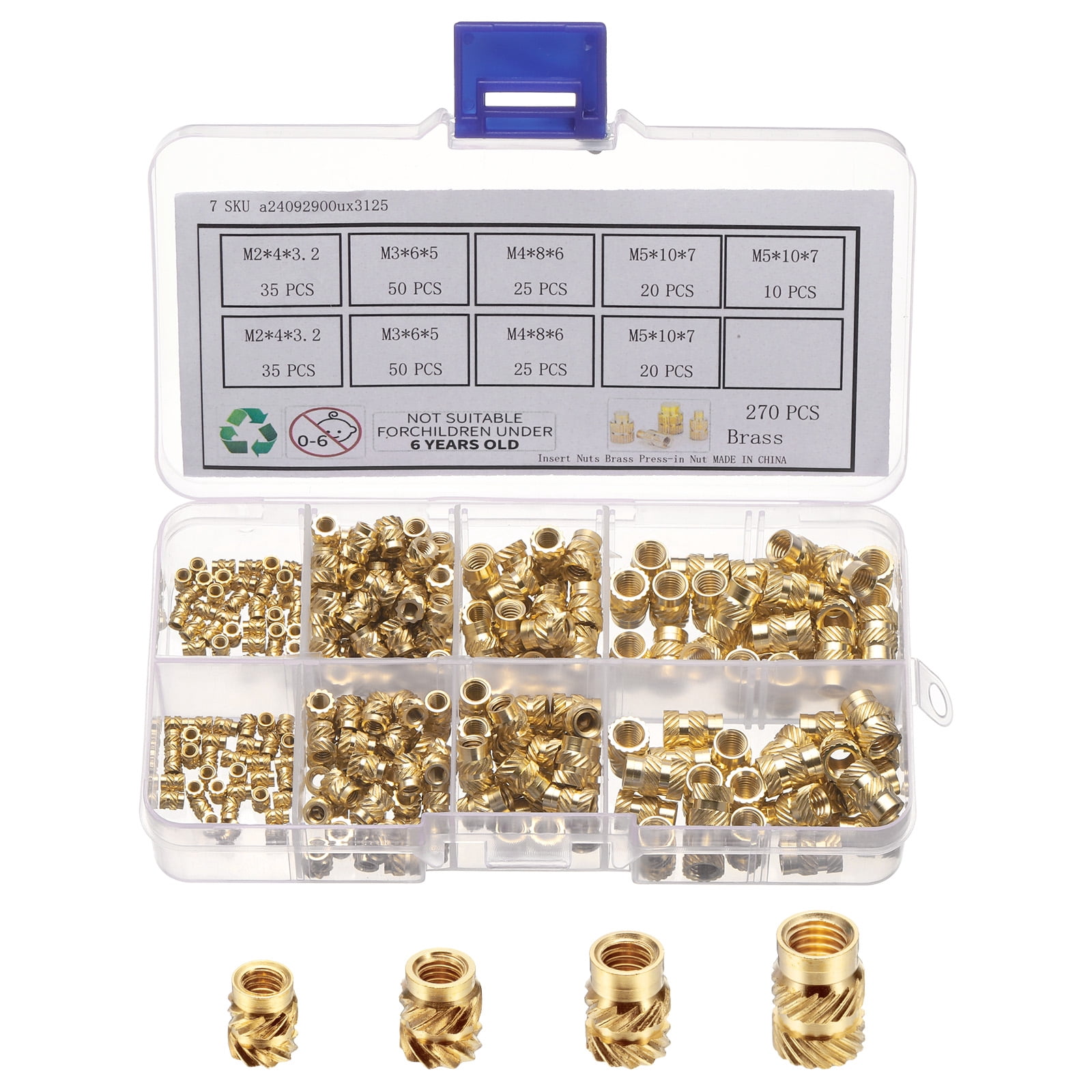 270Pack M2 M3 M4 M5 Metric Threaded Inserts Brass Heat Set Insert Knurled Nuts Assortment Kit, 3D Printing Brass Nuts Female Threaded Inserts Nuts