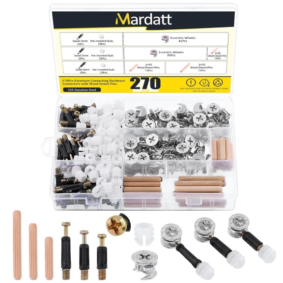 270Pcs 3 in 1 Furniture Connecting Kit with 3 Sizes Wood Dowel Pins, Nickel Plated Cam Lock Nuts Fittings Pre-Inserted Nut Screws Bolts Fasteners Connectors for Furniture Cabinets Drawer