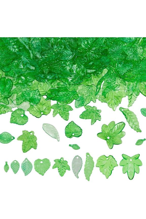 270Pcs Leaf Charm Beads 9 Styles Green Acrylic Leaves Beads Bulk Transparent Natural Leaf Charms