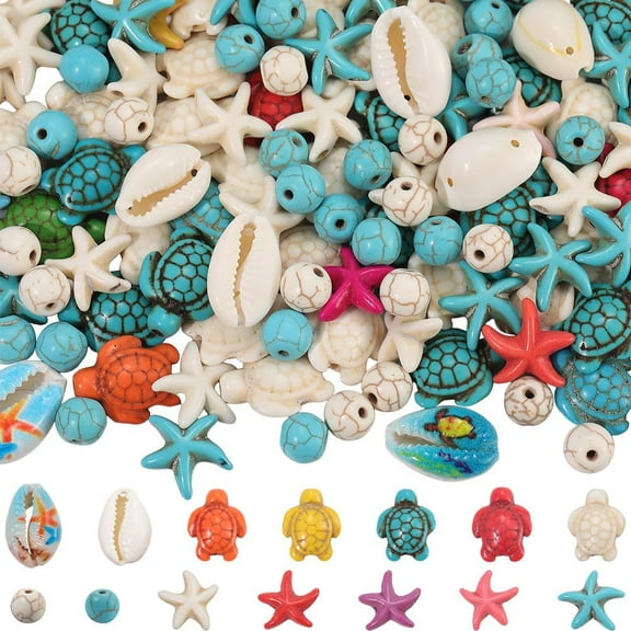 270Pcs Ocean Beads Shell Beads Summer Hawaii Sea Turtle Starfish Seashell Printed Cowrie Shells Bulk Turquoise Spacers for Jewelry Making DIY Earrings Bracelet Necklace Crafts diy