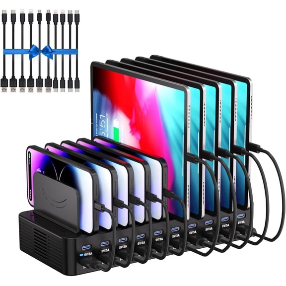 270W Charging Station for Multiple Devices, 20-Port USB Fast Charging Station with Adjustable Dividers & 10 Cables, Multi Device Organizer Charging Dock for iPhone, iPad, Tablets & More(Black)