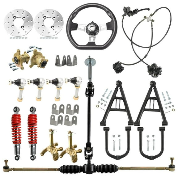270mm Steering Wheel Steering Kit Gear Rack Pinion Shaft Set + Front Shock Swingarm + 3 Stud Wheel Hub Steering Knuckles+ Brake Assembly DIY Parts for Go Kart Golf Cart ATV UTV Quad