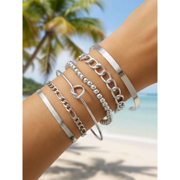 27249 bra s eP 5-Piece Silvertone Alloy Layered Open Bangle & Chain