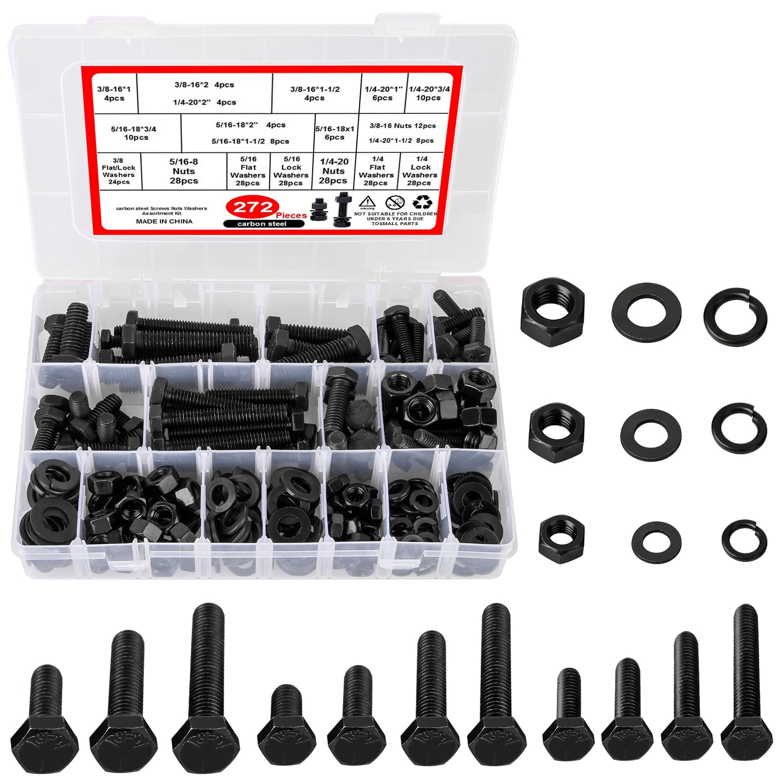272PCS Heavy Duty Nuts and Bolts Assortment Kit, 1/4 ,5/16, 3/8 Carbon
