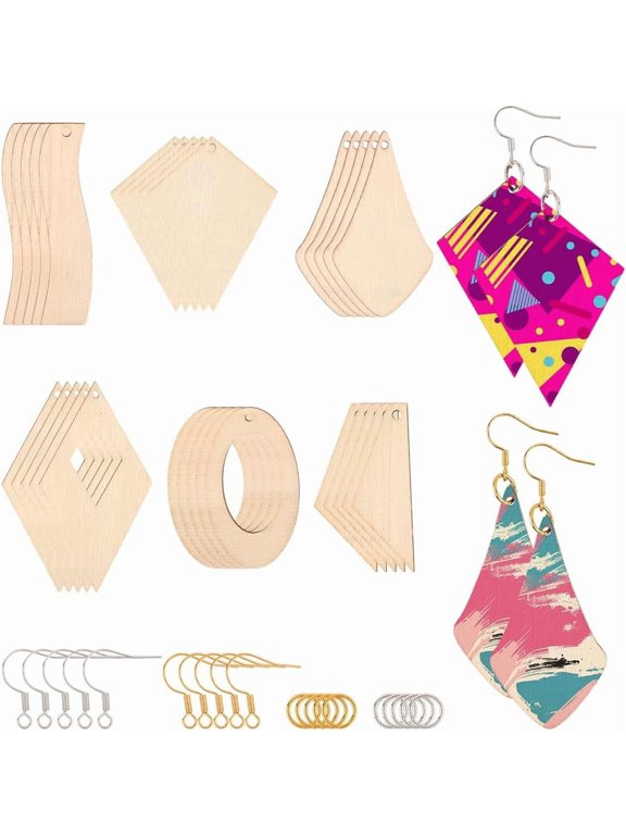 272Pcs 6 Shapes Wood Earrings Kit Unfinished Wooden Earrings Blank Boho Beach Rhombus Hollow Oval Blank Cutout Pendant Charms with Earwire Hooks Jump Rings for Jewelry Making DIY Crafts