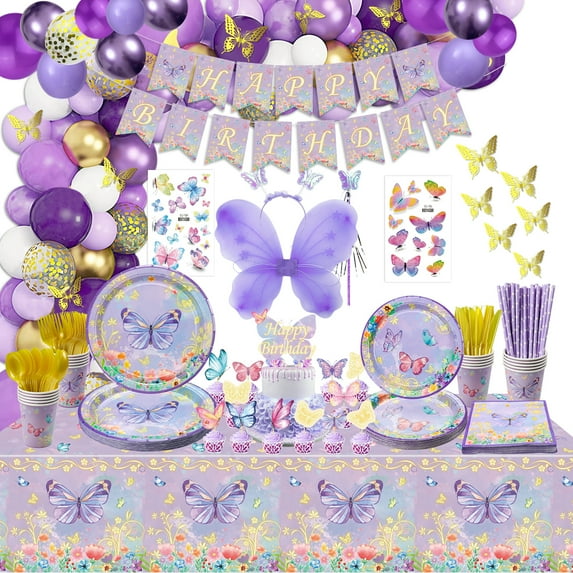 271 Pcs Purple Butterfly Decorations - Include Plates, Cups, Tablecloth, Balloon, Butterfly Birthday Banner, Butterfly Stickers, Butterfly Wing Set for Butterfly Birthday Decorations Supplies