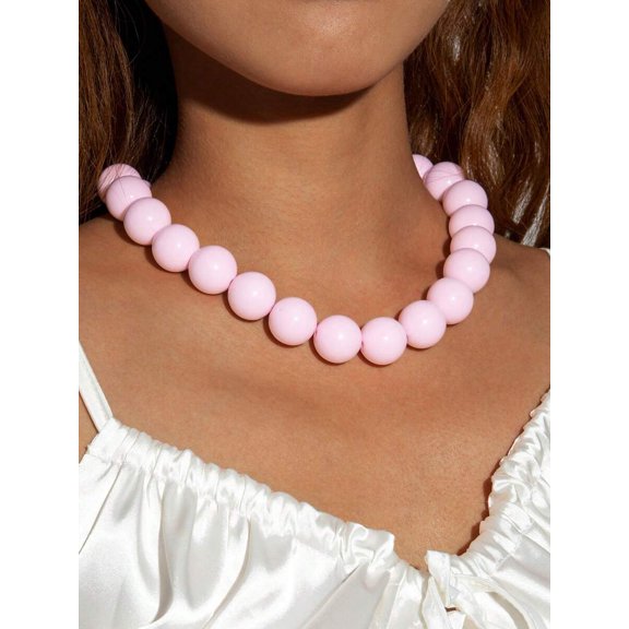 27326-a-pink Acrylic Beaded Single Strand Choker Necklace For Women