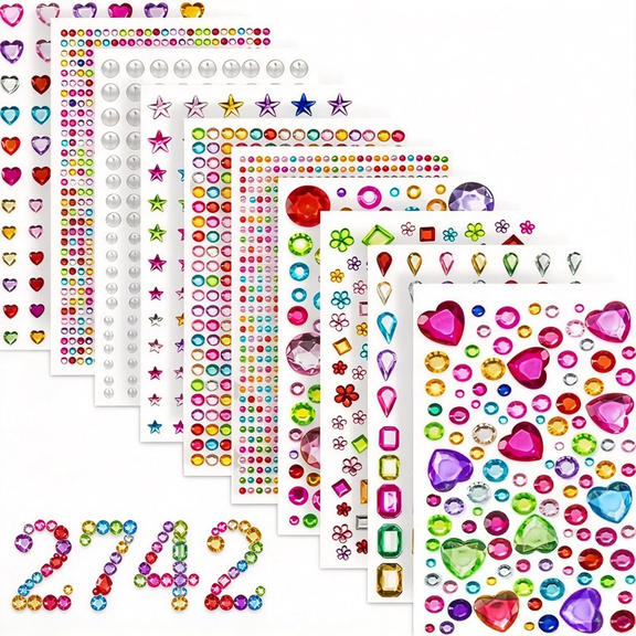 2742 Pcs Bedazzling Kit, Rhinestones for Bedazzling,Self-Adhesive Rhinestone Gem Stickers for Crafts, Acrylic Bling Heart Jewel Stickers,Assorted Shapes for DIY Projects, Party Decorations