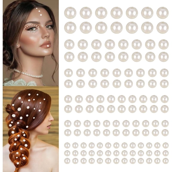 2744 Pcs Hair Pearls Stick On, Self Adhesive Pearl Stickers, Pearl Stickers for Crafts, Stick On Pearls, Hair Face Gems, Face Pearls, Beige Pearl Stickers for Makeup Nail DIY Crafts,Assorted Size