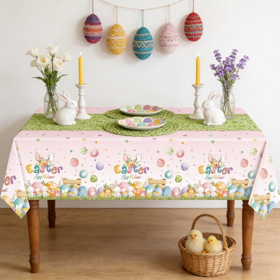 274x137cm Easter Tablecloth - Disposable Waterproof Bunny & Egg Table Cover for Party Decor