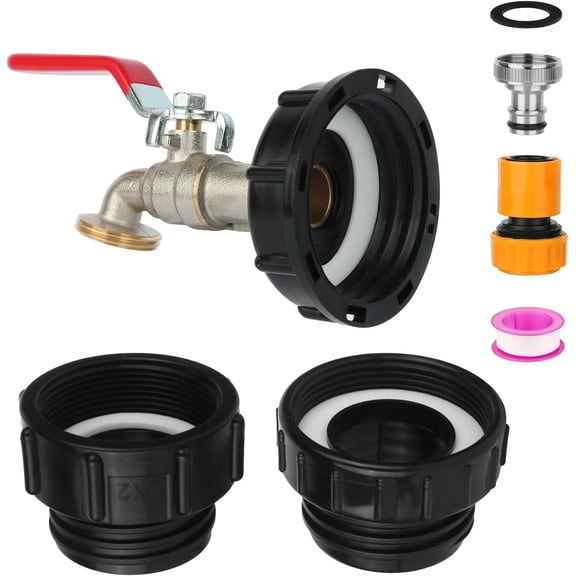 275-330 Gallon IBC Tote Tank Adapter,3-Size IBC Tote Adapter, 2.44" Fine2 "Fine, and 2" Coarse Thread,1/2" Male NPT Inlet 3/4" Male GHT Threaded+ Nickel Plating Brass valves