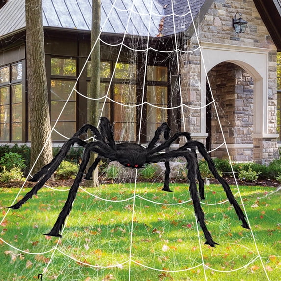 275” Halloween Spider Web + 78” Giant Spider Decorations Fake Spider with Triangular Huge Spider Web for Indoor Outdoor Halloween Decorations Yard Home Costumes Parties Haunted House Décor