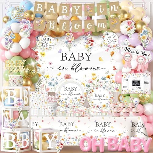 275Pcs Baby in Bloom Baby Shower Decorations for Girl Wildflower Baby in Bloom Disposable Paper Plates,Balloons Arch,Cake Topper,Backdrop,Cup,Tablecloth for Floral Baby Shower Party Decor Supplies